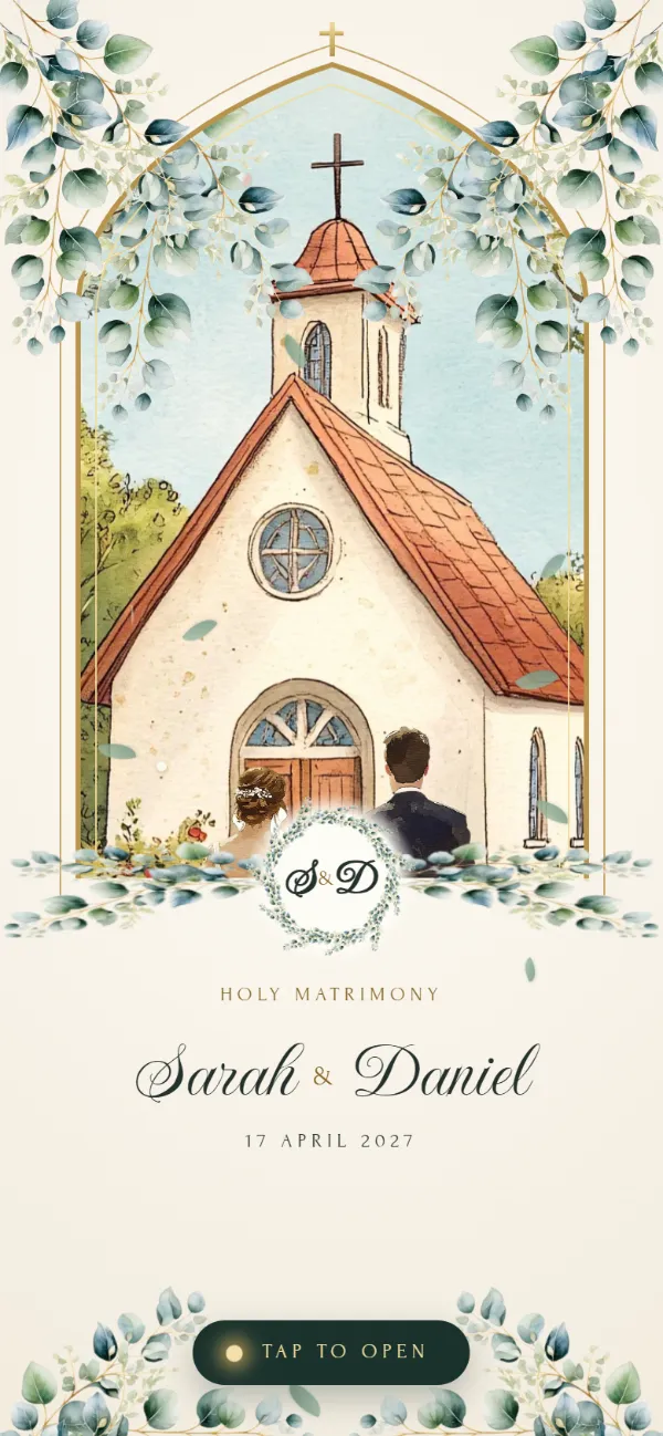 Cana: an arched window in cream paper, and through it a painted chapel with a bride and groom walking up to it
