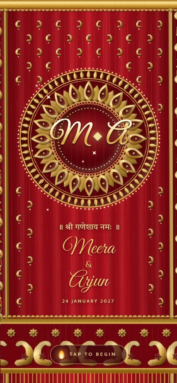 Mangalam: a red and gold wedding cloth with a kalash medallion, hung across the screen
